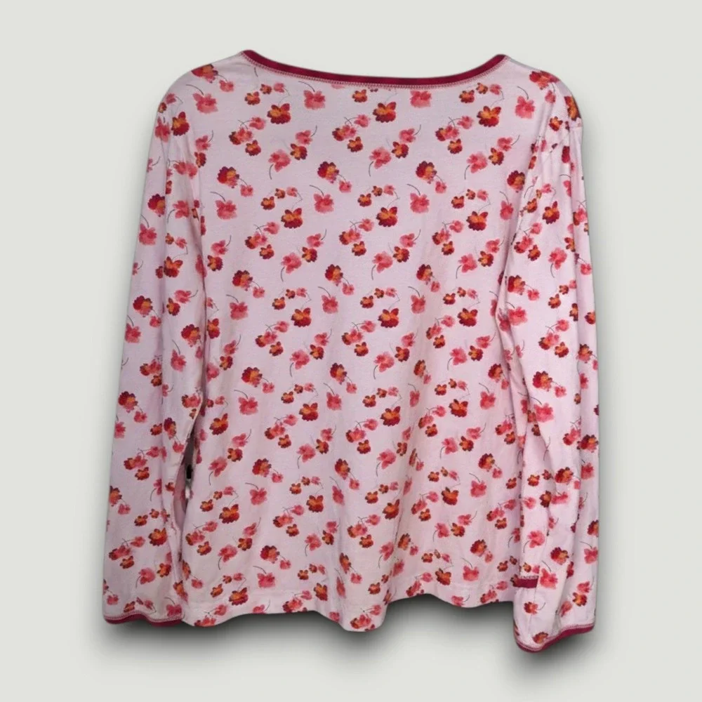 Garnet Hill Pajama Top Womens M Pink Floral Green Cotton Excellent V-Neck